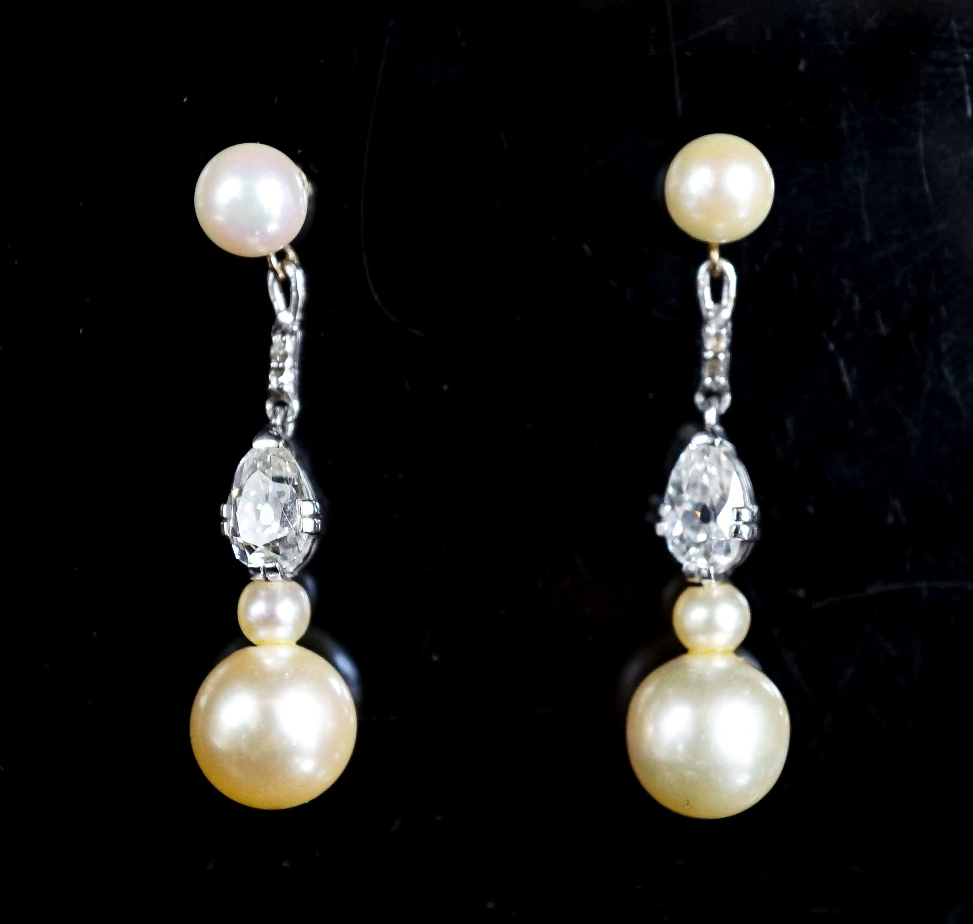 A pair of yellow and white metal, cultured pearl and pearl cut diamond set drop earrings, 37mm, gross weight 5.7 grams.